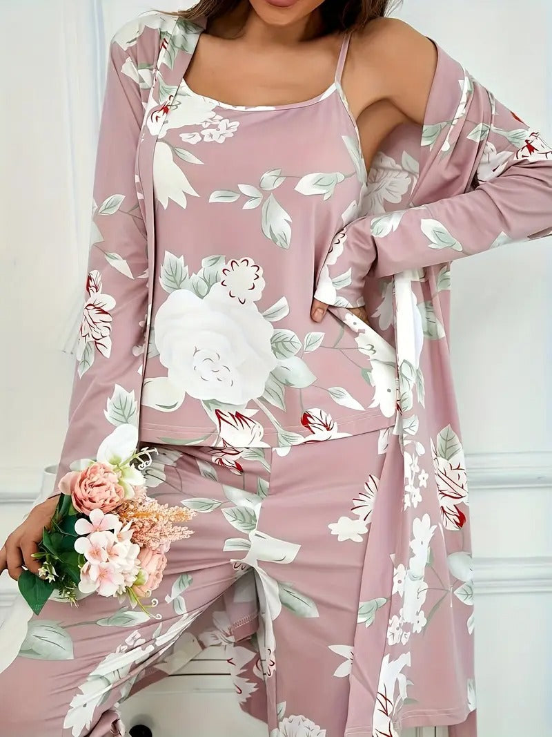 Women's Floral Print Pajama Set - Elegant Crew Neck, Long Sleeve, Lightweight Polyester sleepwear