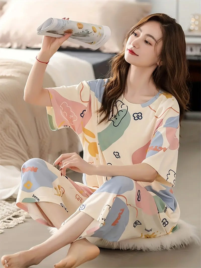 New Summer Round Neck Short Sleeve Seven-Eighth Pants Casual Loose Pajama Set, Women's Floral-Color Block Bear Print Apricot Home Wear