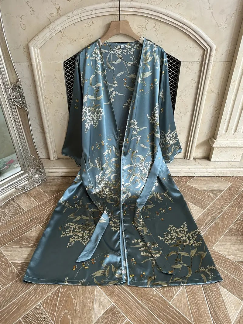 Women's Elegant Floral Print Satin Robe with V-Neck and Belt - Casual, All-Season Sleepwear