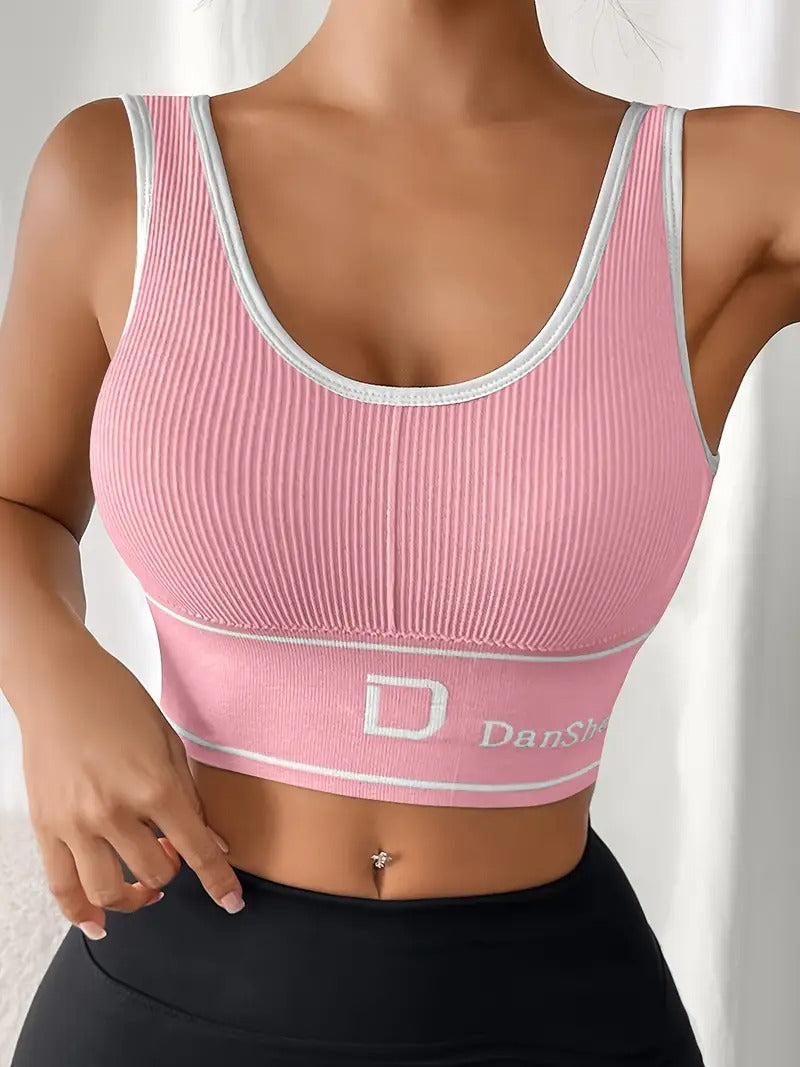 High-Support Sports Bra with Removable Pads - Wireless, Stretchy Nylon Blend, Ribbed Texture