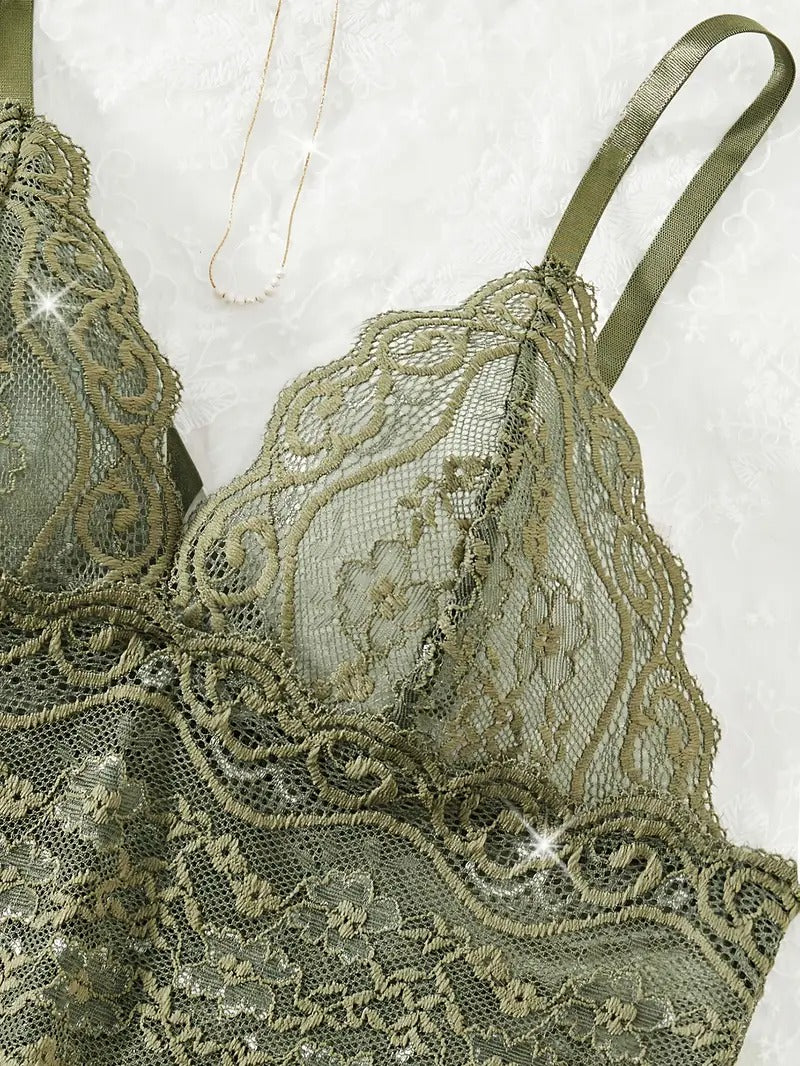 Solid Color Flowers Lace Elegant Pajama Set, V Neck Semi Sheer Halter Top & Briefs & Satin Shorts & Long Sleeve Robe Belt, Women's sleepwear