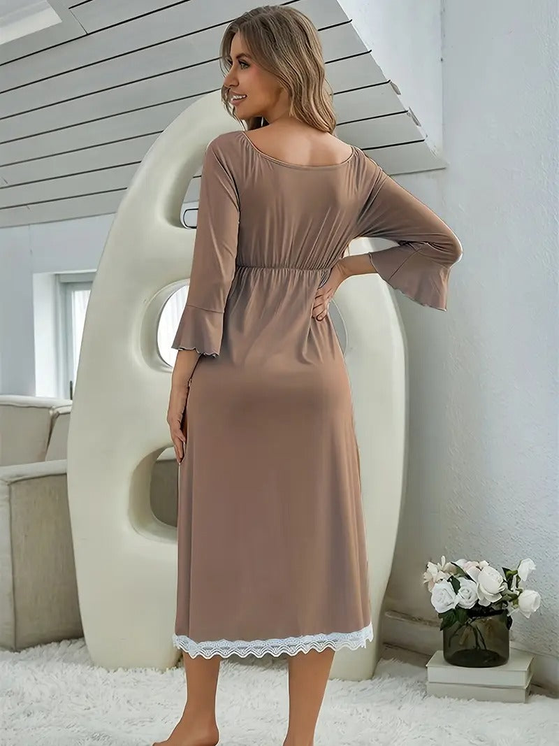 Women's Elegant Lace-Trim V-Neck Long Sleeve Robe - Soft Comfortable All-Season Sleepwear