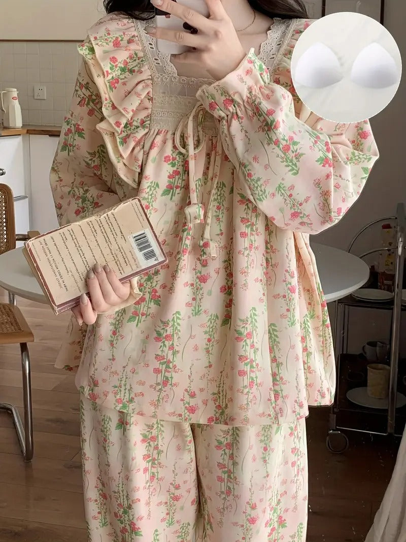 1set Women's Cute Floral Print Pajama Set with Built-in Bra Pads, Long Sleeve Polyester Sleepwear