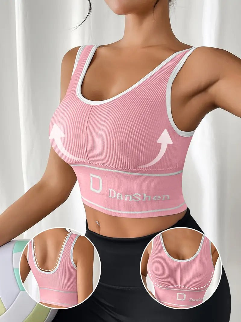 High-Support Sports Bra with Removable Pads - Wireless, Stretchy Nylon Blend, Ribbed Texture