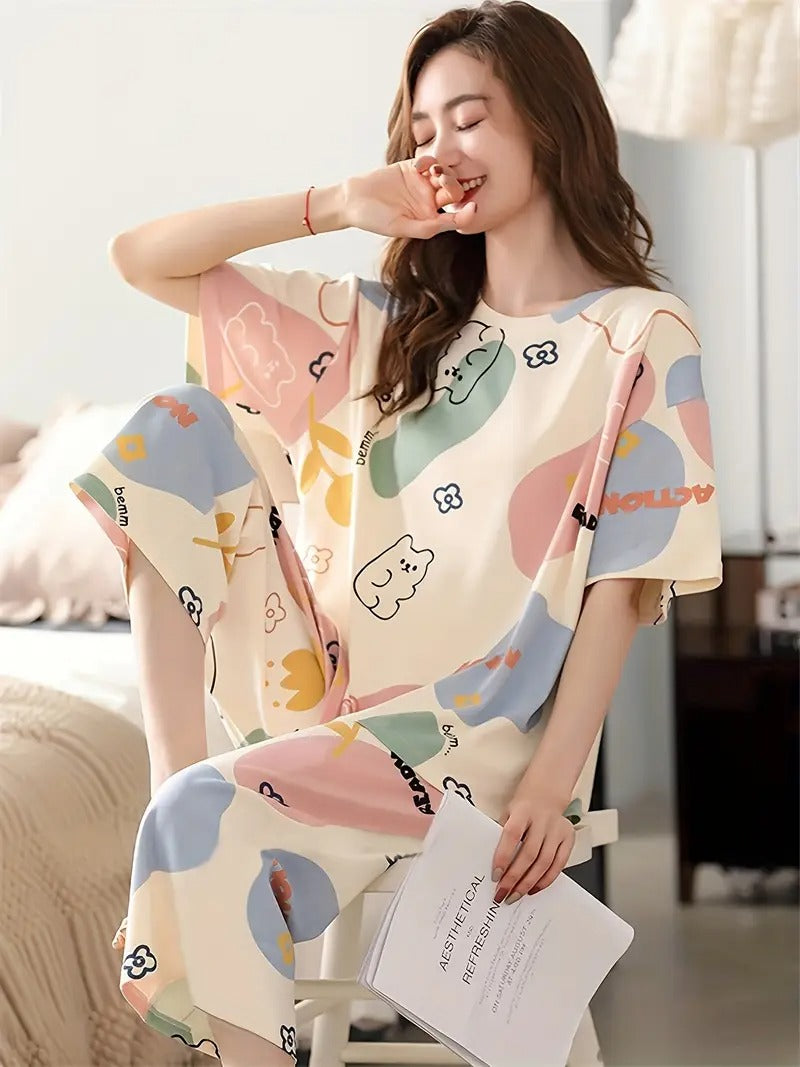 New Summer Round Neck Short Sleeve Seven-Eighth Pants Casual Loose Pajama Set, Women's Floral-Color Block Bear Print Apricot Home Wear