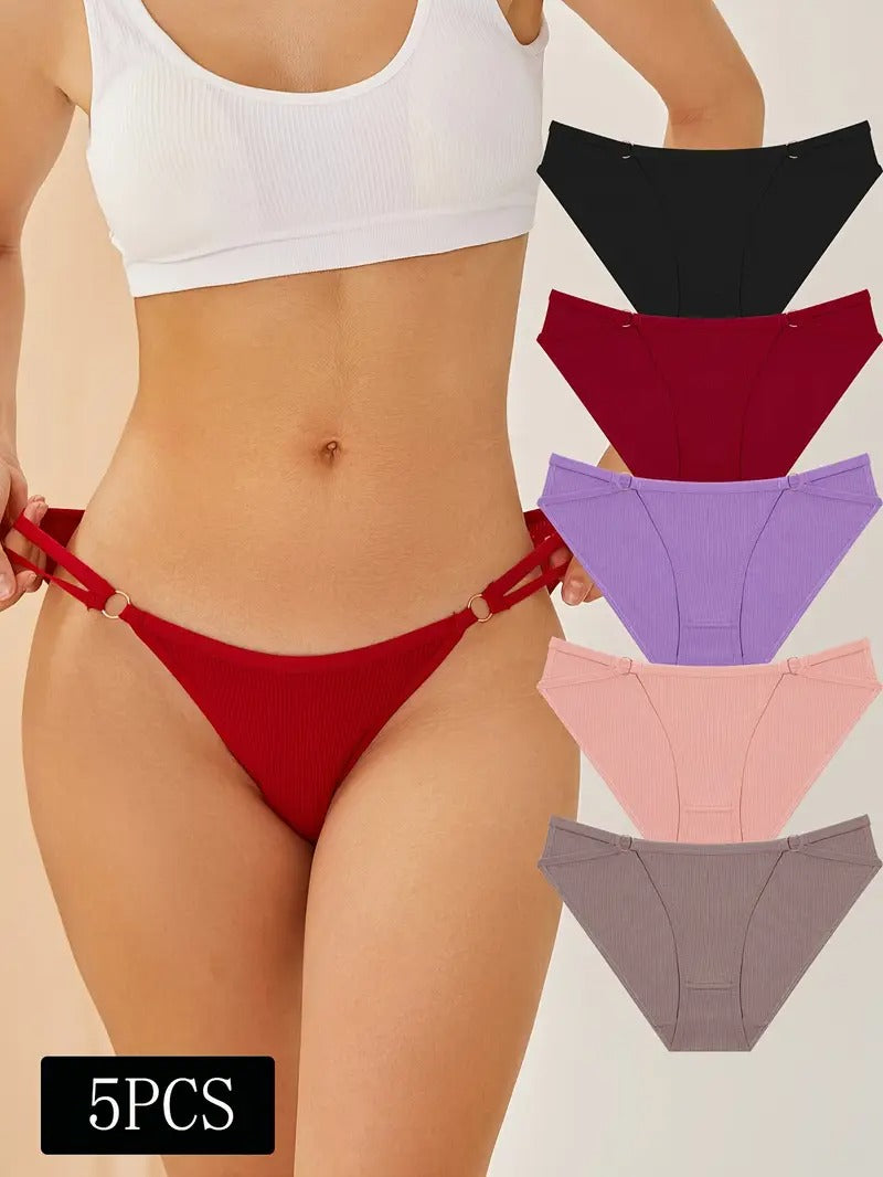 5pcs Women's Solid Color Buckle Cross Strap Hollow-Out Triangle Panties
