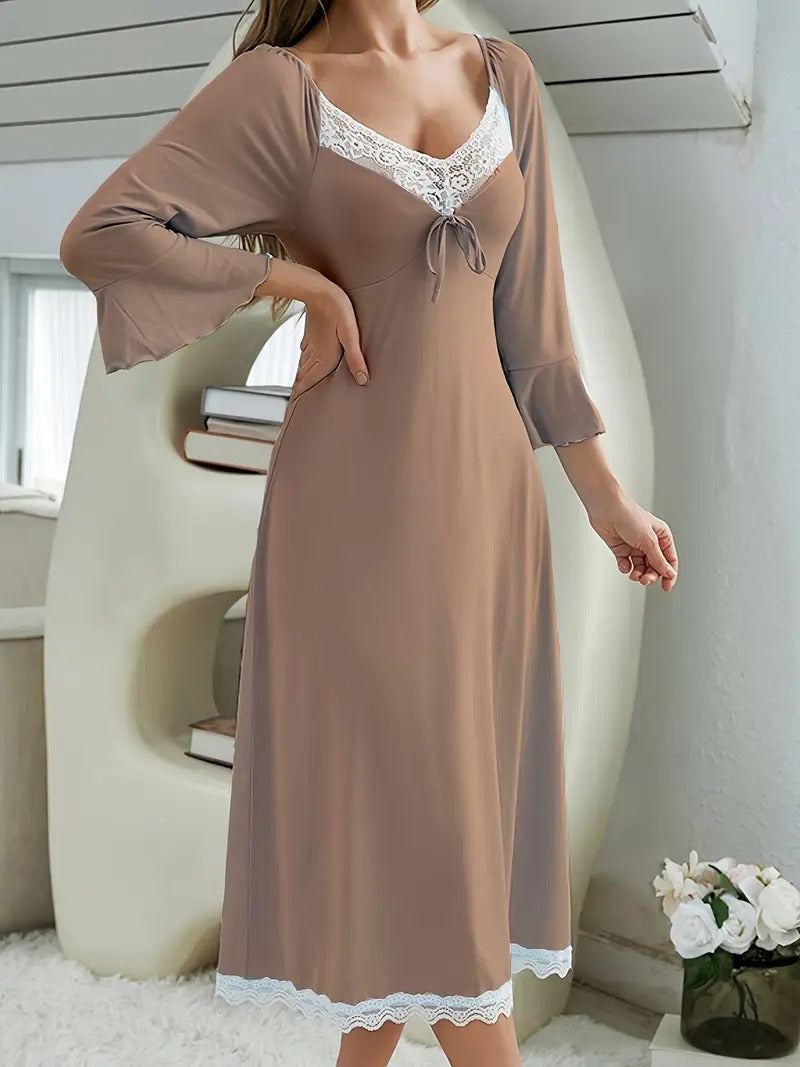 Women's Elegant Lace-Trim V-Neck Long Sleeve Robe - Soft Comfortable All-Season Sleepwear