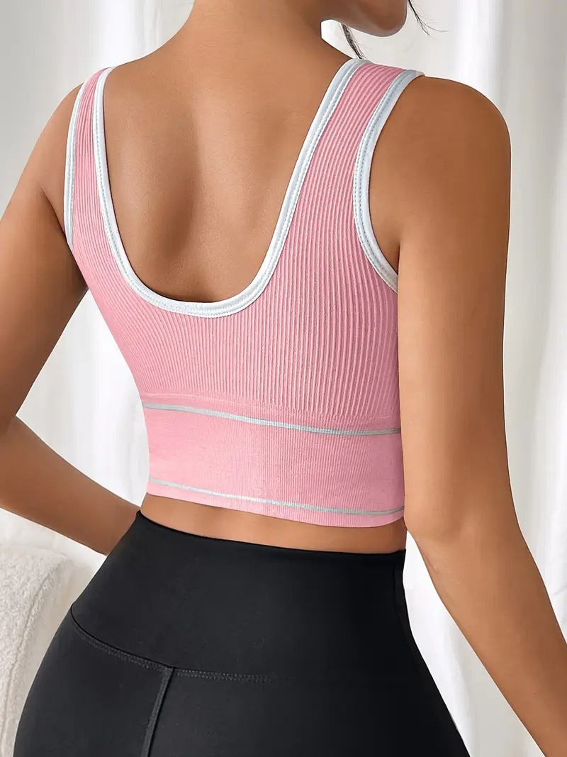 High-Support Sports Bra with Removable Pads - Wireless, Stretchy Nylon Blend, Ribbed Texture