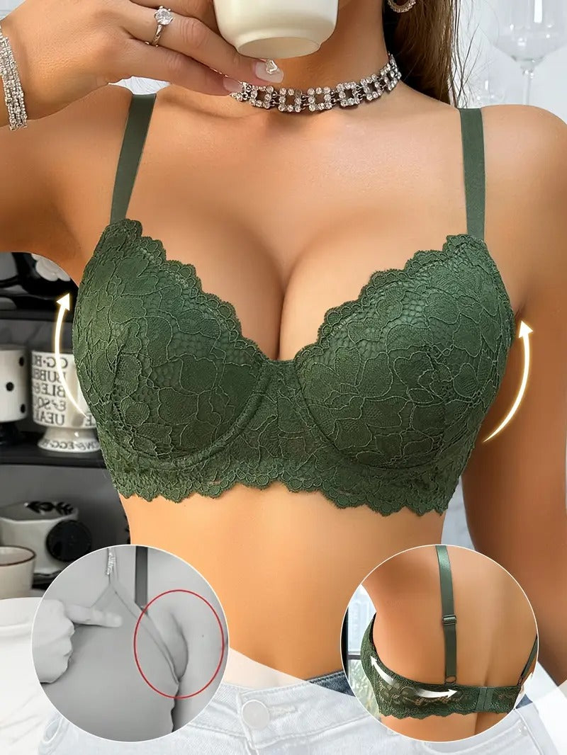 Women's green Lace Underwire Bra - Thin-Cup Push-Up with Adjustable Straps, Non-Removable Padding & Solid Color Design for Everyday Comfort & Support