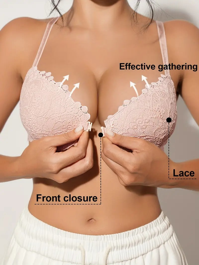 Lace Front Closure Bra for Women - Breathable Thin Cup Push-Up Bra with Non-Removable Pads