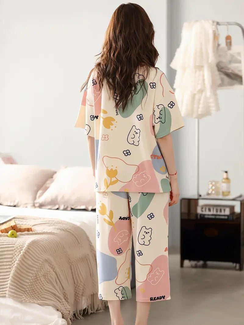 New Summer Round Neck Short Sleeve Seven-Eighth Pants Casual Loose Pajama Set, Women's Floral-Color Block Bear Print Apricot Home Wear