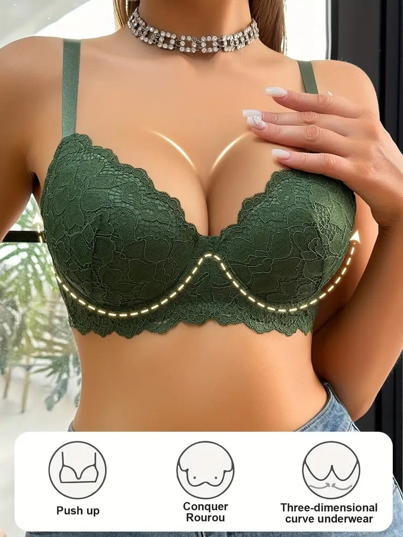 Women's green Lace Underwire Bra - Thin-Cup Push-Up with Adjustable Straps, Non-Removable Padding & Solid Color Design for Everyday Comfort & Support