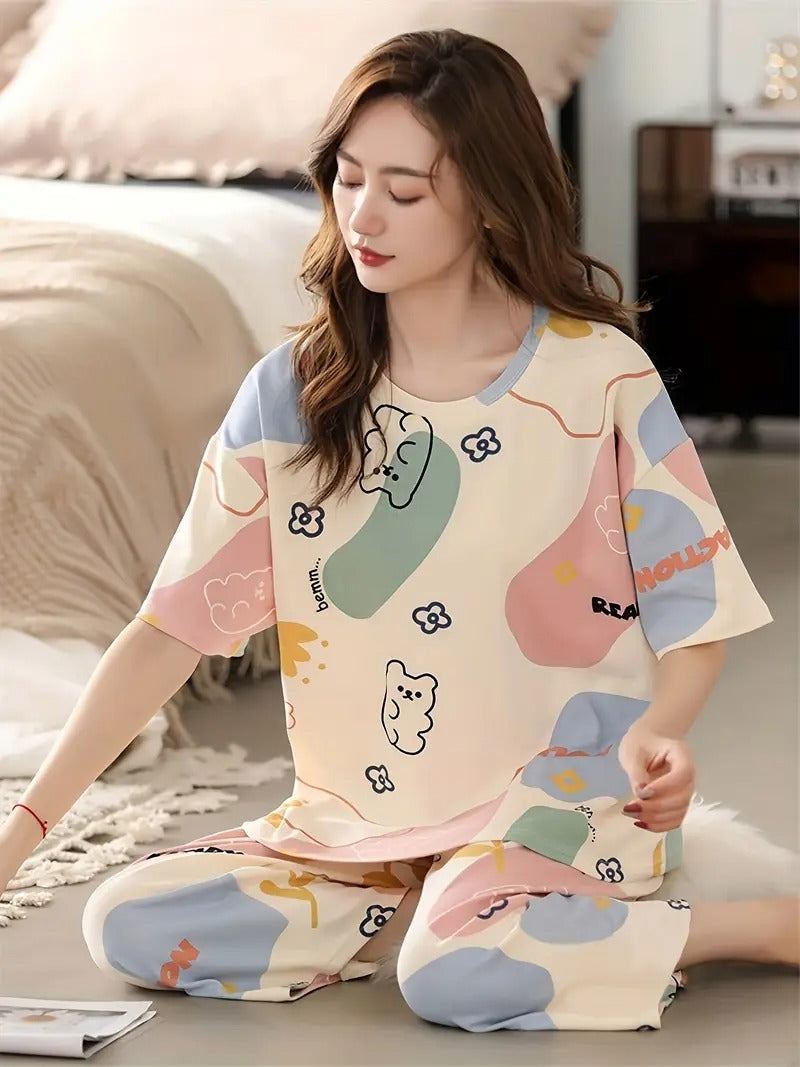 New Summer Round Neck Short Sleeve Seven-Eighth Pants Casual Loose Pajama Set, Women's Floral-Color Block Bear Print Apricot Home Wear