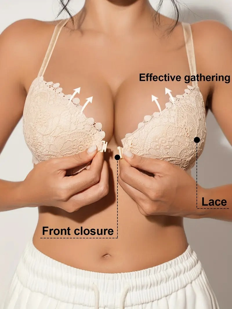 Lace Front Closure Bra for Women - Breathable Thin Cup Push-Up Bra with Non-Removable Pads