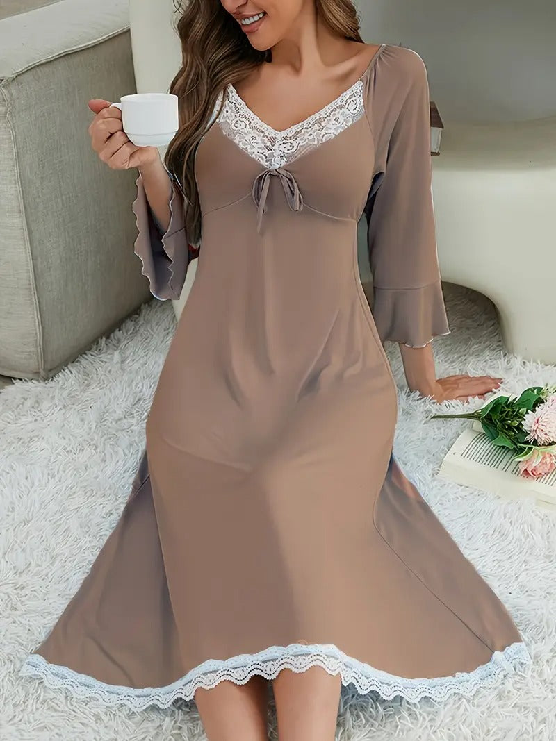 Women's Elegant Lace-Trim V-Neck Long Sleeve Robe - Soft Comfortable All-Season Sleepwear