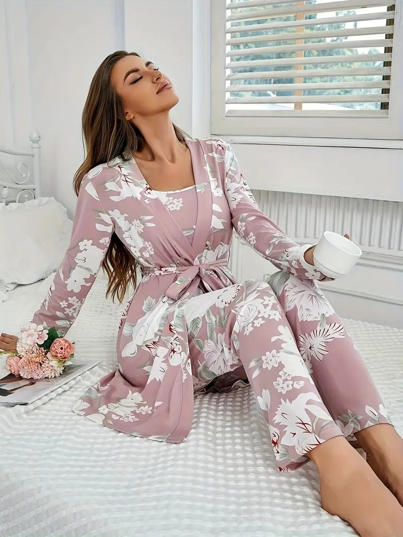 Women's Floral Print Pajama Set - Elegant Crew Neck, Long Sleeve, Lightweight Polyester sleepwear