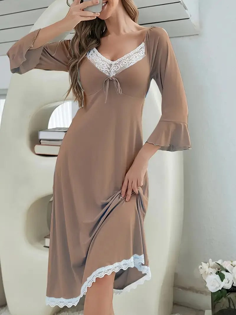 Women's Elegant Lace-Trim V-Neck Long Sleeve Robe - Soft Comfortable All-Season Sleepwear