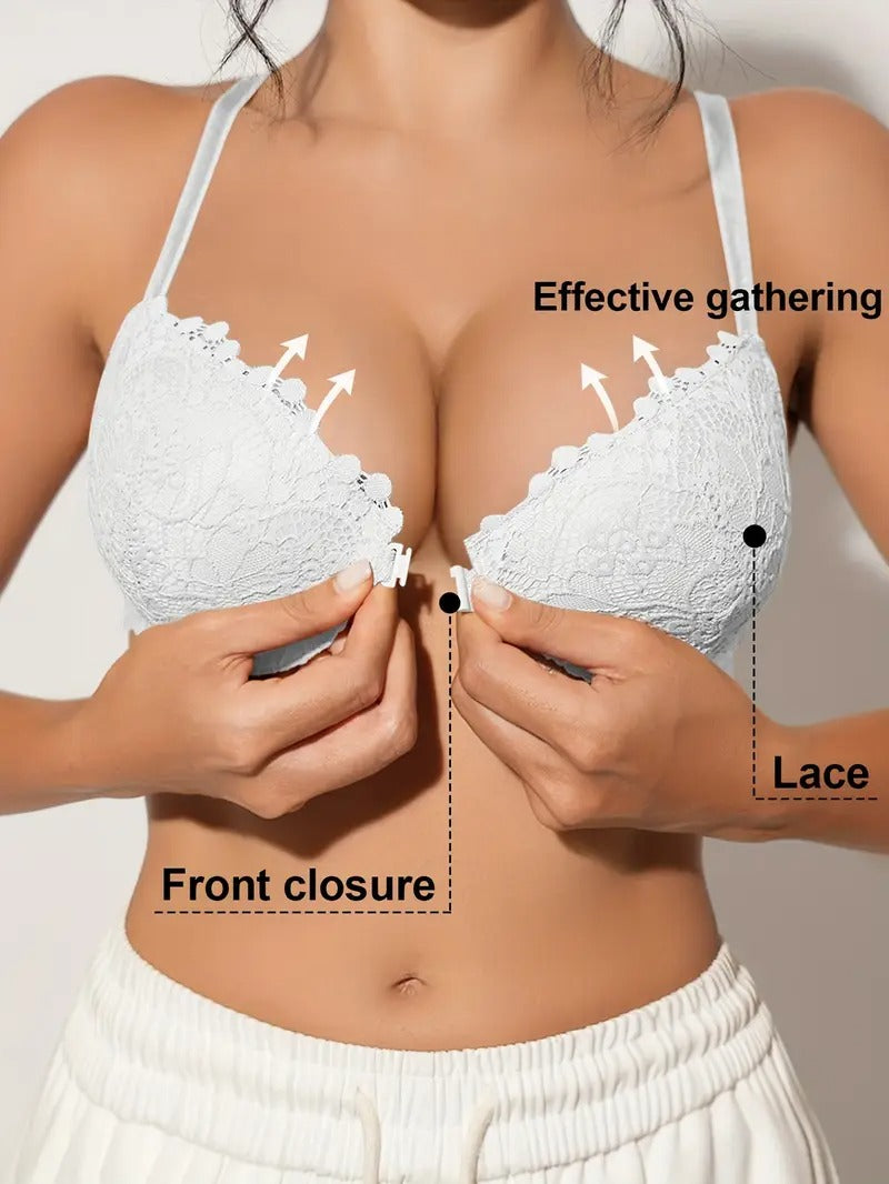 Lace Front Closure Bra for Women - Breathable Thin Cup Push-Up Bra with Non-Removable Pads