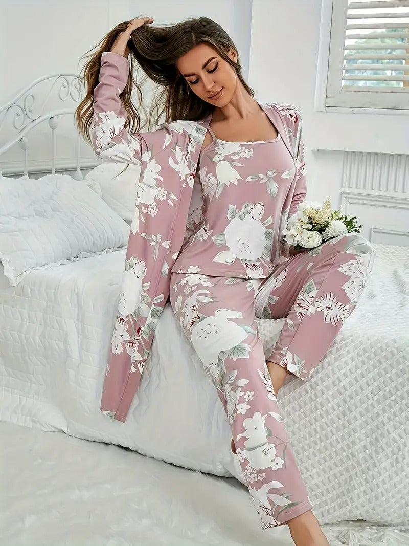 Women's Floral Print Pajama Set - Elegant Crew Neck, Long Sleeve, Lightweight Polyester sleepwear