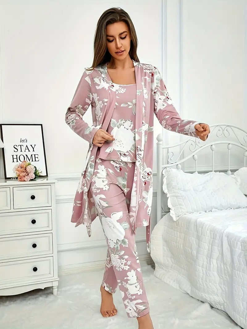 Women's Floral Print Pajama Set - Elegant Crew Neck, Long Sleeve, Lightweight Polyester sleepwear