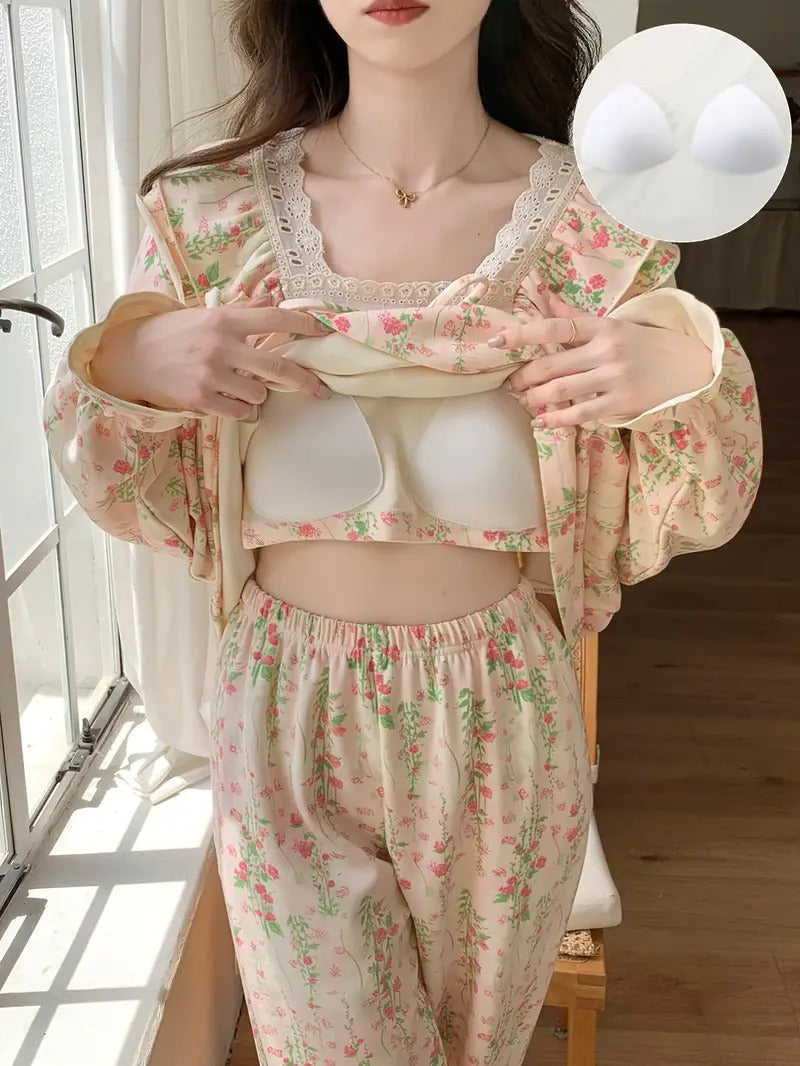 1set Women's Cute Floral Print Pajama Set with Built-in Bra Pads, Long Sleeve Polyester Sleepwear