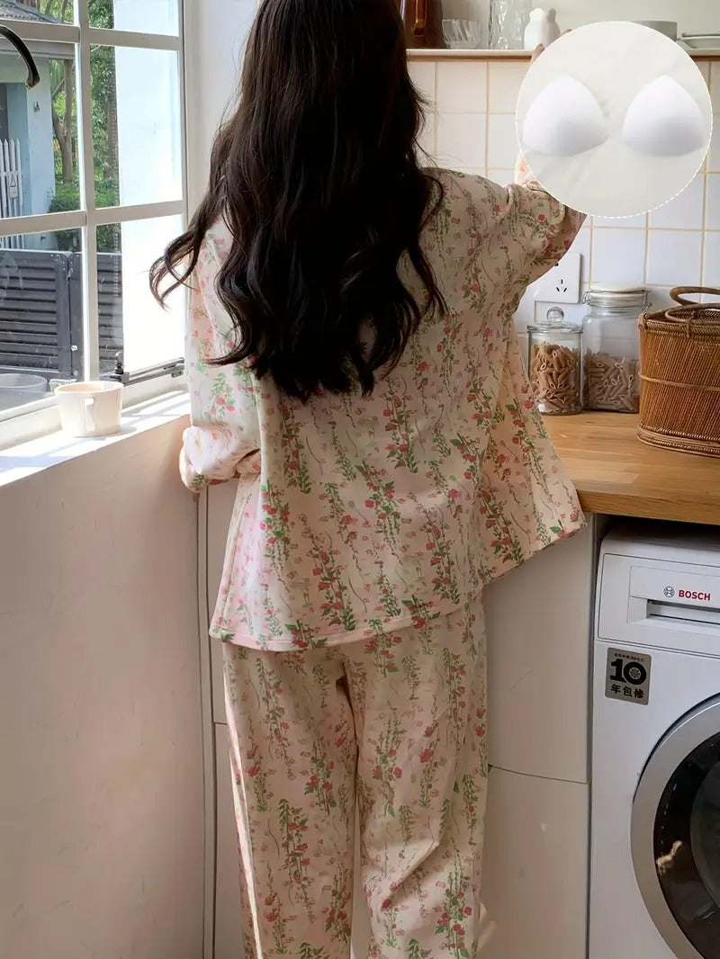 1set Women's Cute Floral Print Pajama Set with Built-in Bra Pads, Long Sleeve Polyester Sleepwear