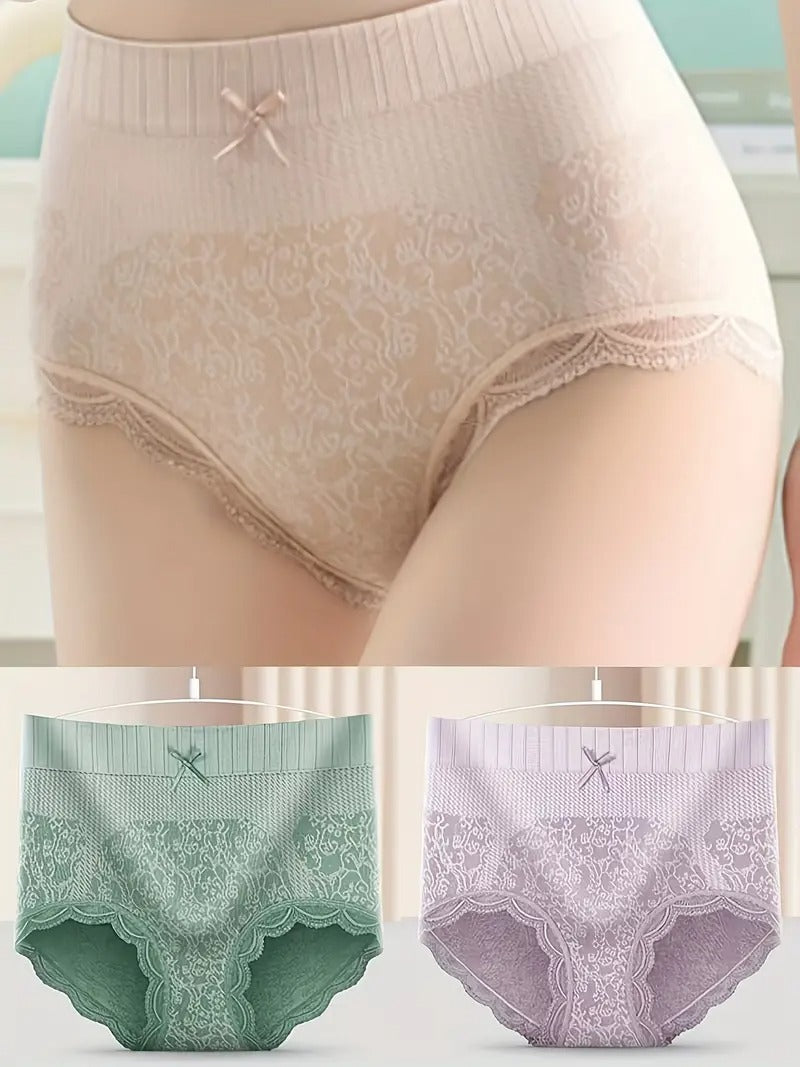 3-Pack Glam Style Floral Print Bikinis, Contrast Lace Detail, Knit Fabric, Polyester