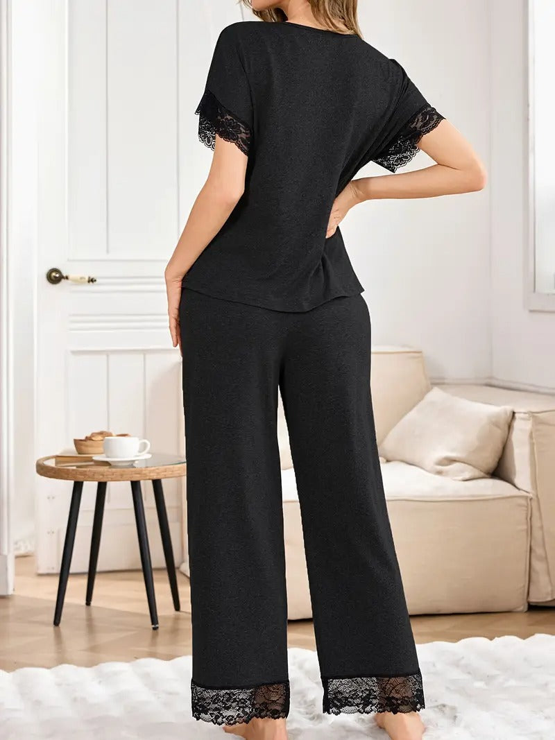 2pcs Women's Contrast Lace Splicing Minimalist Nightgown Top and Pants Set