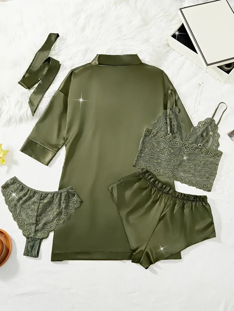 Solid Color Flowers Lace Elegant Pajama Set, V Neck Semi Sheer Halter Top & Briefs & Satin Shorts & Long Sleeve Robe Belt, Women's sleepwear