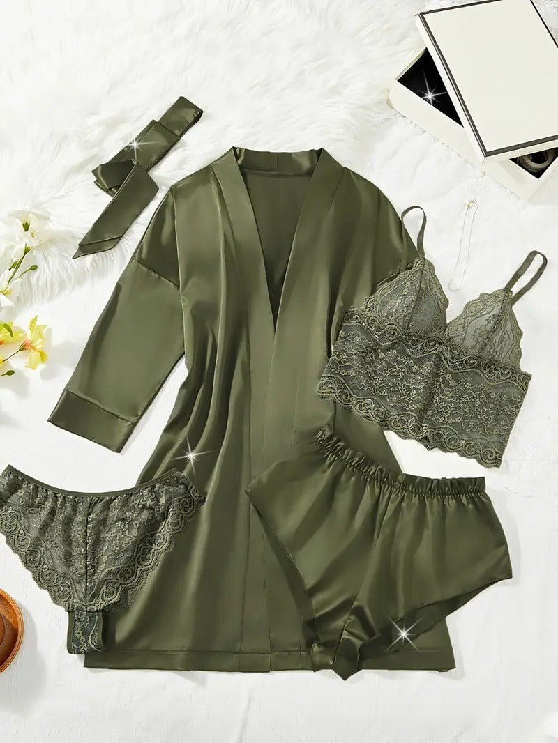 Solid Color Flowers Lace Elegant Pajama Set, V Neck Semi Sheer Halter Top & Briefs & Satin Shorts & Long Sleeve Robe Belt, Women's sleepwear