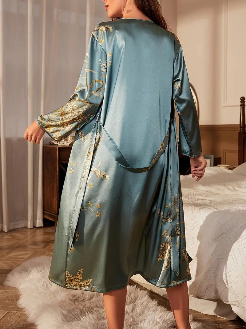 Women's Elegant Floral Print Satin Robe with V-Neck and Belt - Casual, All-Season Sleepwear
