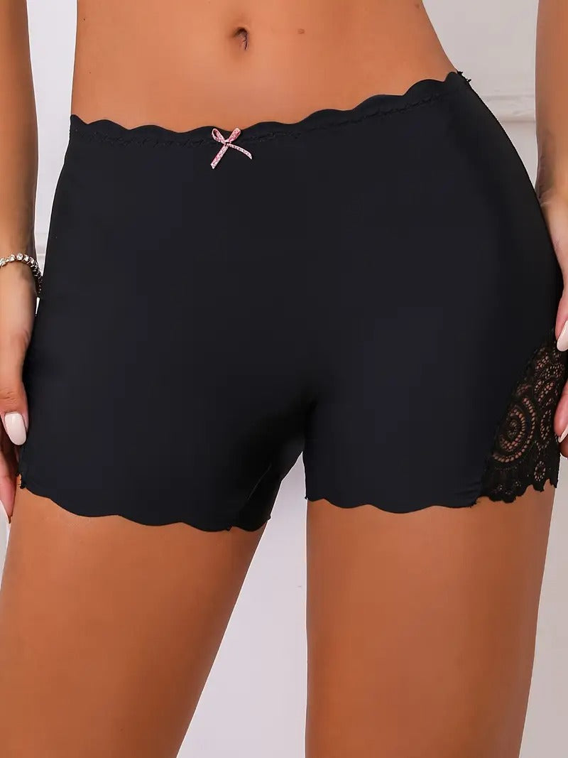 1pc Lace Stitching Boyshort, Soft & Comfortable Scallop Trim Bow Tie Panties