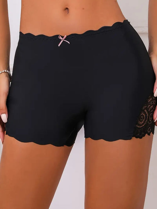 1pc Lace Stitching Boyshort, Soft & Comfortable Scallop Trim Bow Tie Panties