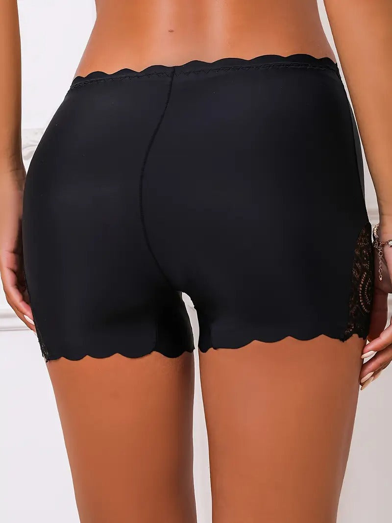 1pc Lace Stitching Boyshort, Soft & Comfortable Scallop Trim Bow Tie Panties