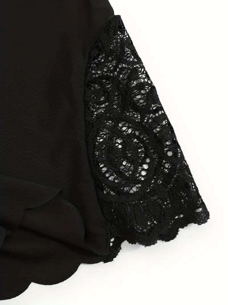 1pc Lace Stitching Boyshort, Soft & Comfortable Scallop Trim Bow Tie Panties