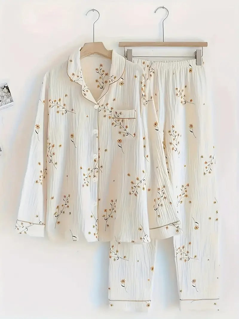 Floral Print Pajamas Set, Long Sleeve Buttons Top & Elastic Waistband Pants, Women's Sleepwear