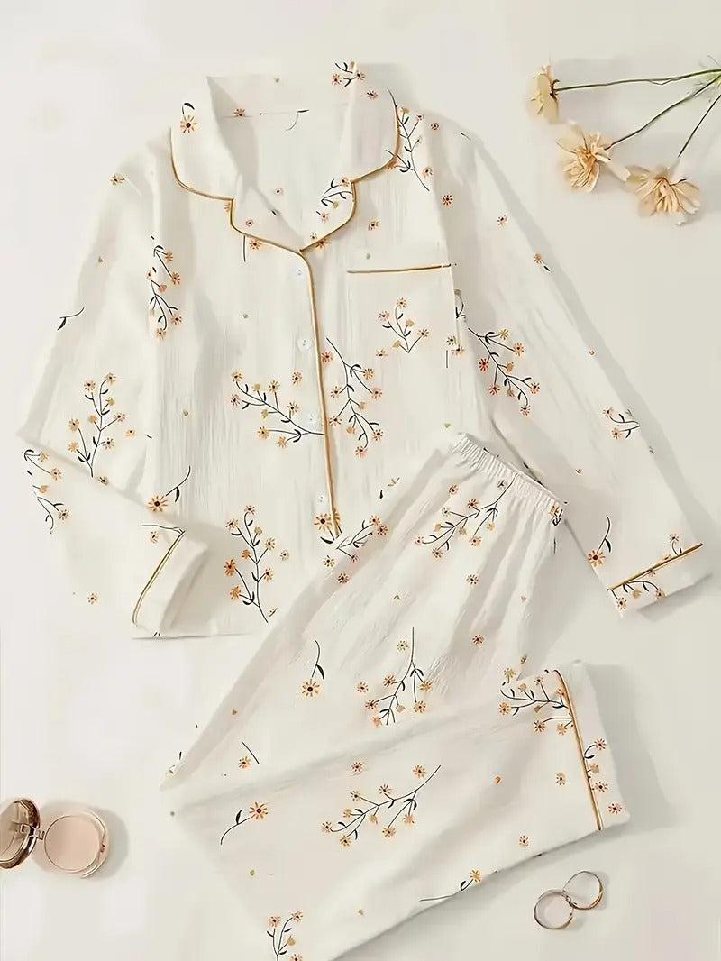 Floral Print Pajamas Set, Long Sleeve Buttons Top & Elastic Waistband Pants, Women's Sleepwear