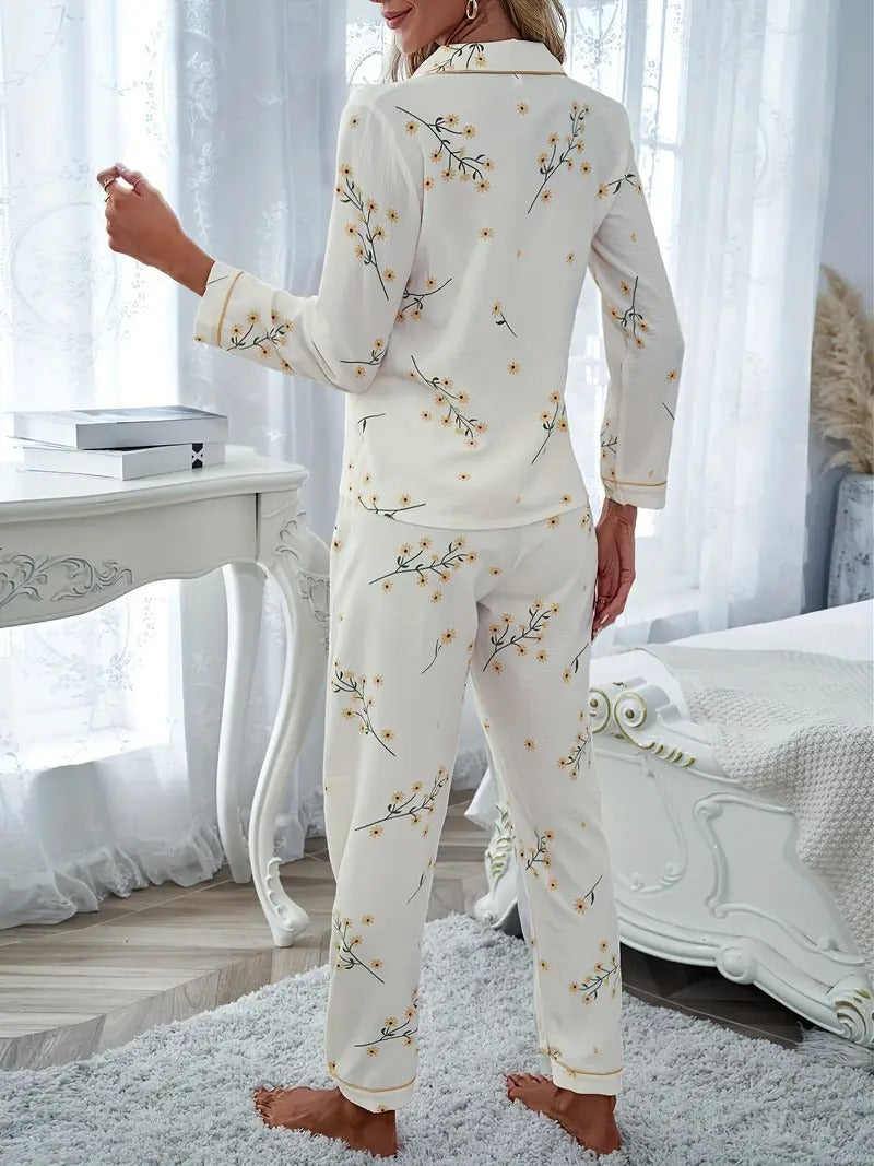 Floral Print Pajamas Set, Long Sleeve Buttons Top & Elastic Waistband Pants, Women's Sleepwear