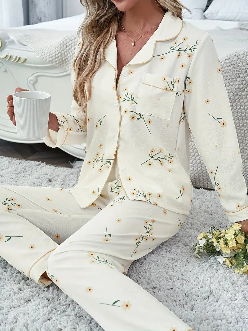 Floral Print Pajamas Set, Long Sleeve Buttons Top & Elastic Waistband Pants, Women's Sleepwear