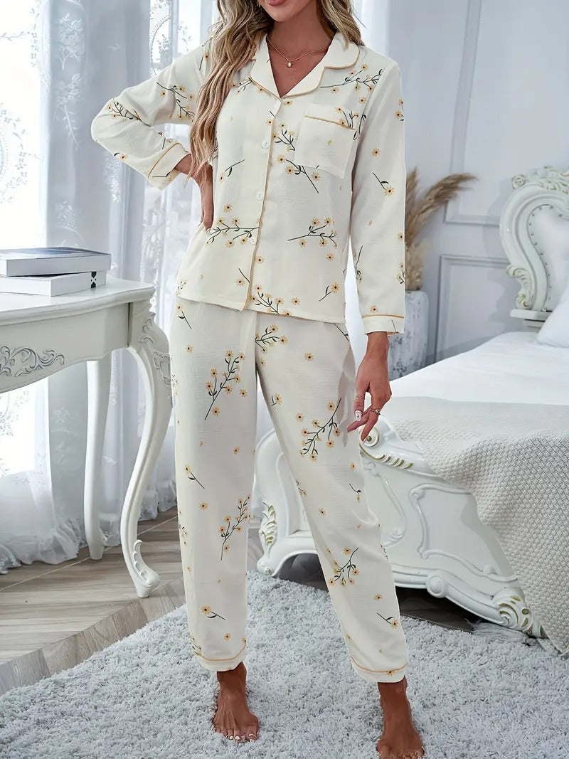 Floral Print Pajamas Set, Long Sleeve Buttons Top & Elastic Waistband Pants, Women's Sleepwear