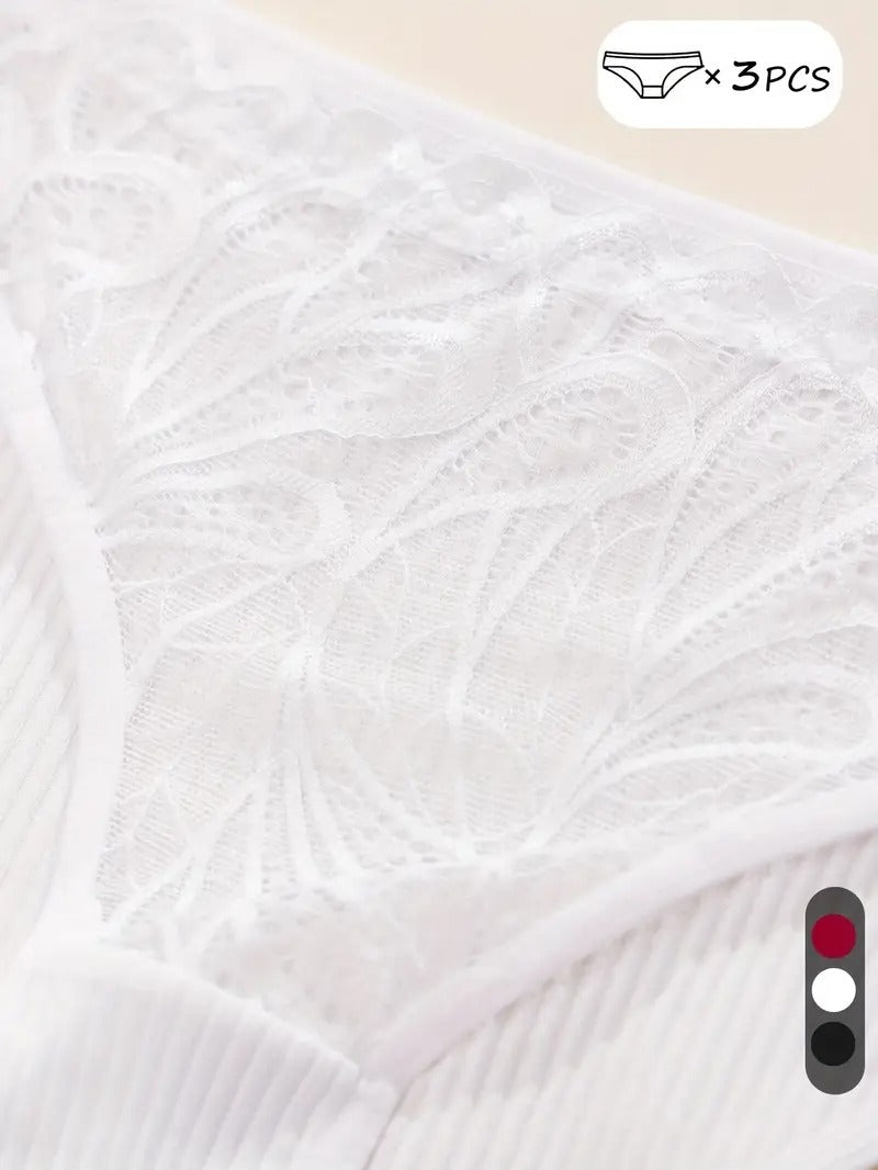 3pcs Soft-Touch Solid Contrast Lace Briefs - Ultra Comfy, Panties for Women