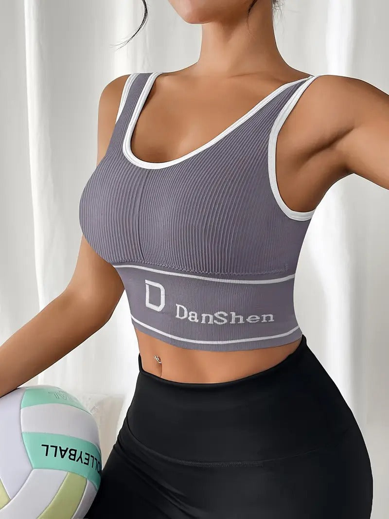 High-Support Sports Bra with Removable Pads - Wireless, Stretchy Nylon Blend, Ribbed Texture