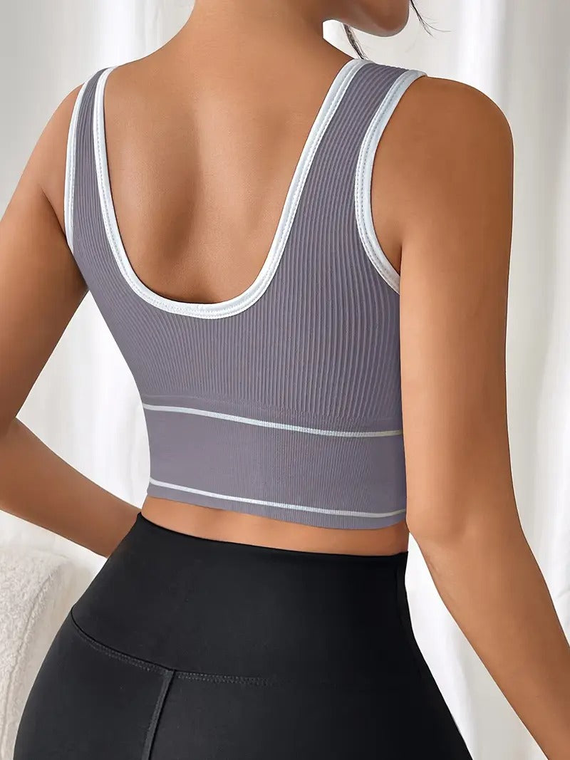 High-Support Sports Bra with Removable Pads - Wireless, Stretchy Nylon Blend, Ribbed Texture