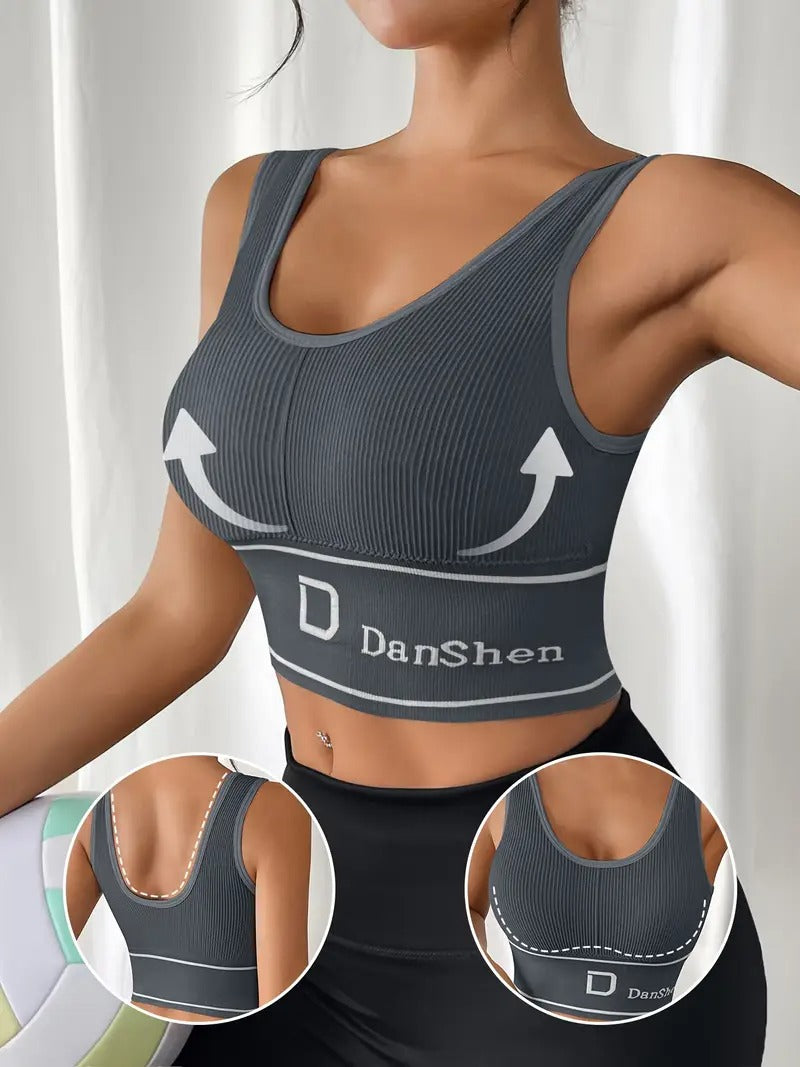 High-Support Sports Bra with Removable Pads - Wireless, Stretchy Nylon Blend, Ribbed Texture