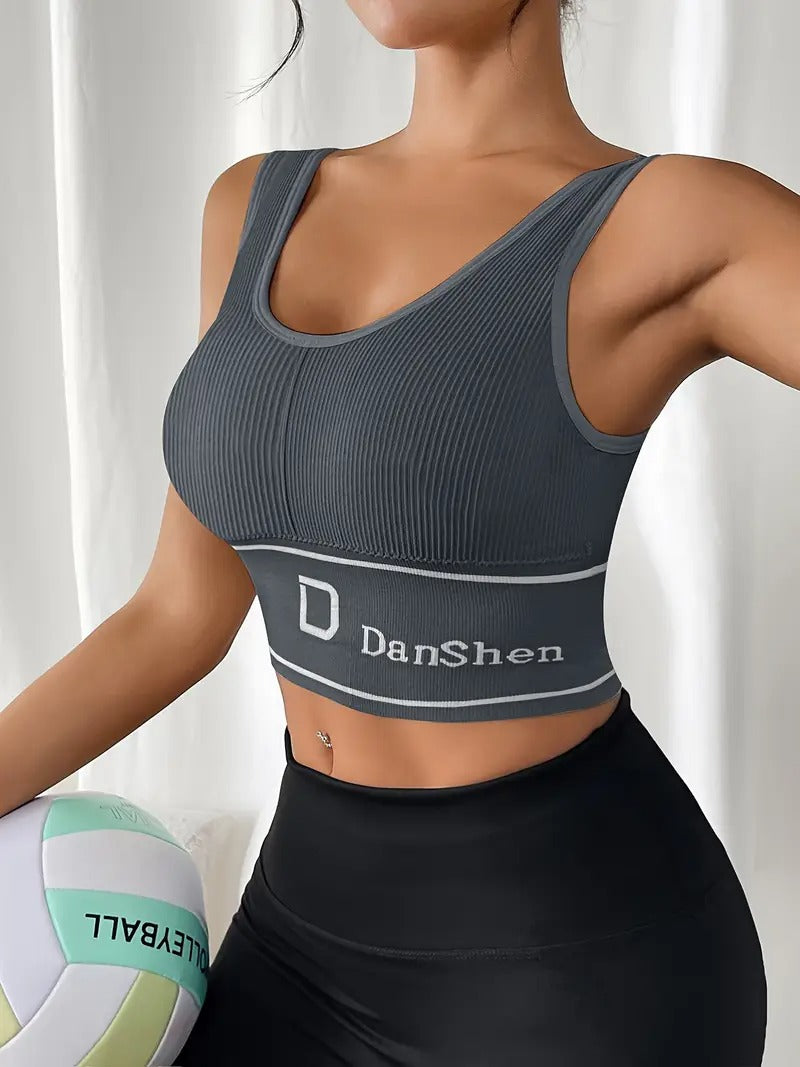 High-Support Sports Bra with Removable Pads - Wireless, Stretchy Nylon Blend, Ribbed Texture