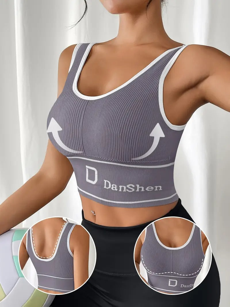 High-Support Sports Bra with Removable Pads - Wireless, Stretchy Nylon Blend, Ribbed Texture