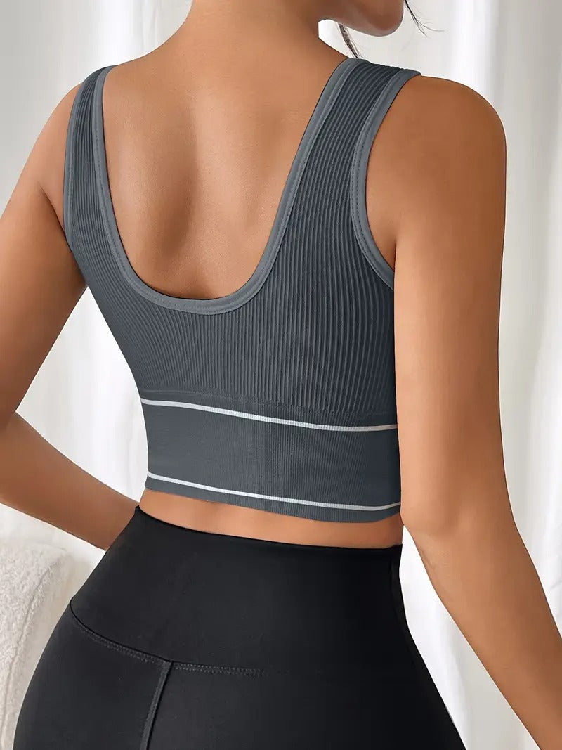 High-Support Sports Bra with Removable Pads - Wireless, Stretchy Nylon Blend, Ribbed Texture