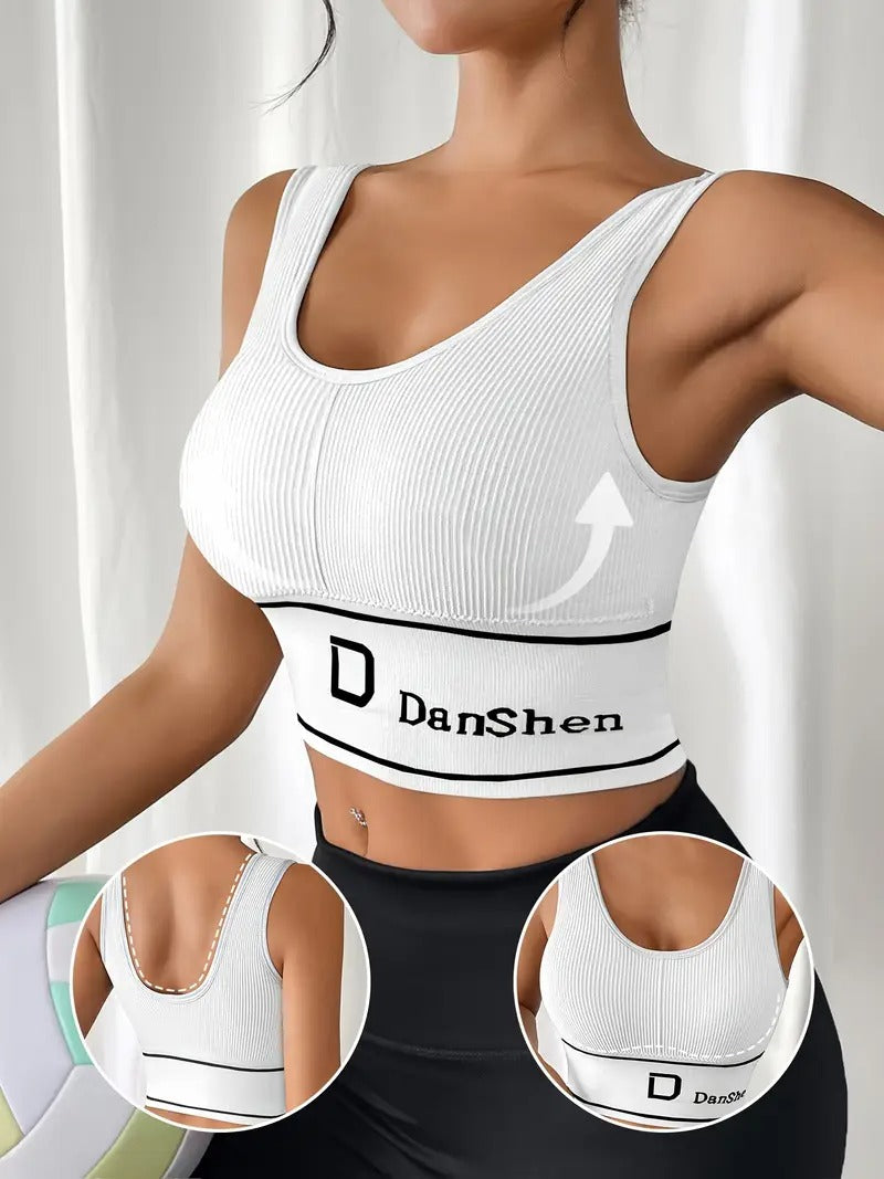 High-Support Sports Bra with Removable Pads - Wireless, Stretchy Nylon Blend, Ribbed Texture