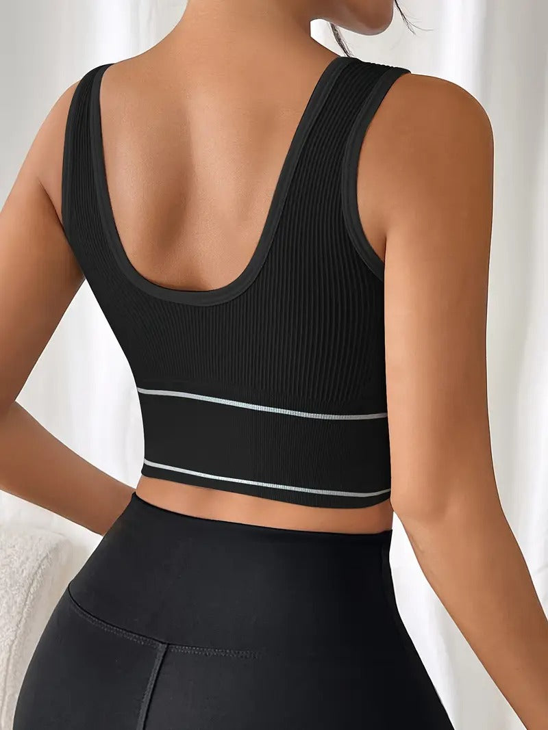 High-Support Sports Bra with Removable Pads - Wireless, Stretchy Nylon Blend, Ribbed Texture