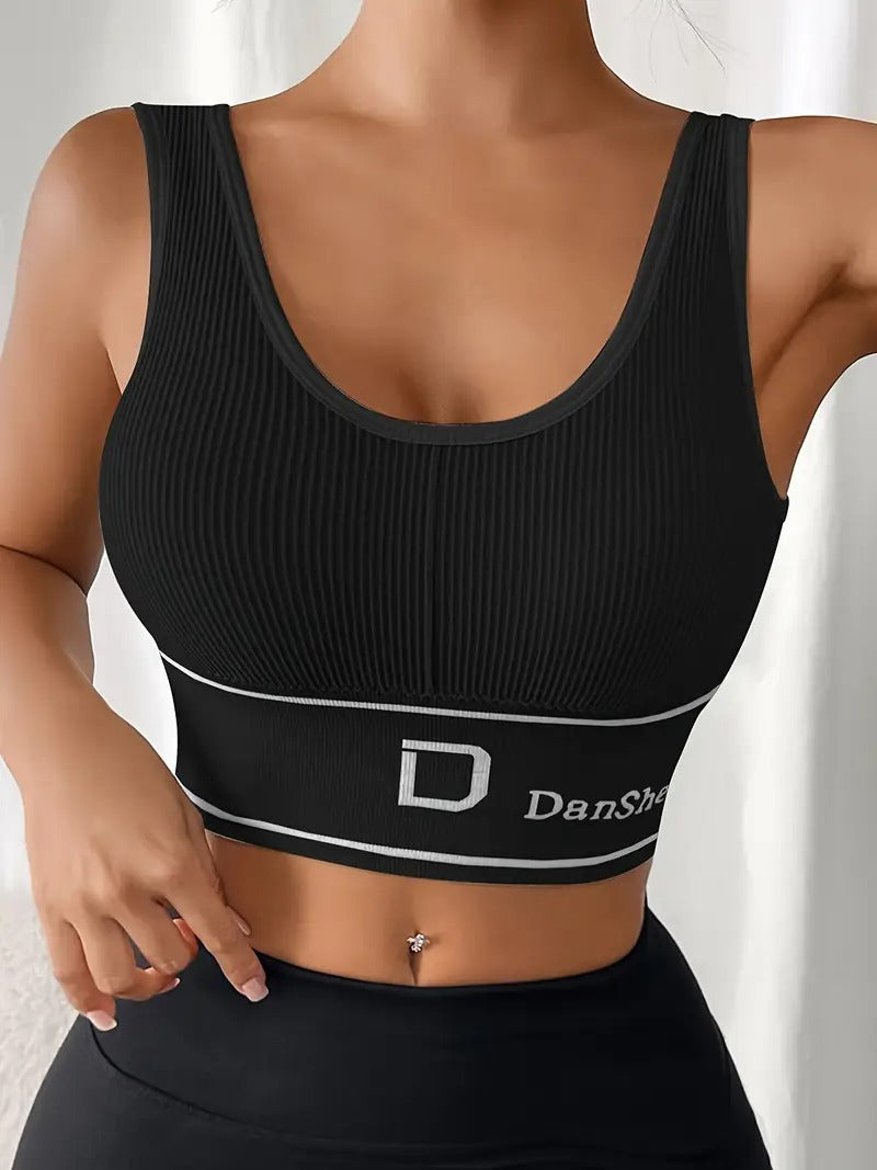 High-Support Sports Bra with Removable Pads - Wireless, Stretchy Nylon Blend, Ribbed Texture